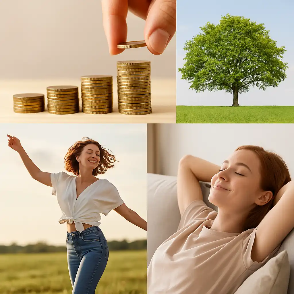 Collage que ilustra los beneficios de la copa menstrual: una mujer sonriendo en la naturaleza, un cerdito de ahorros, y el símbolo del planeta Tierra.