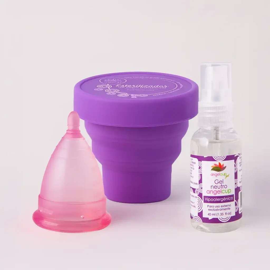 El ecosistema de cuidado Angelcup: la copa menstrual, el gel neutro y el vaso esterilizador juntos para una menstruación consciente y acompañada.