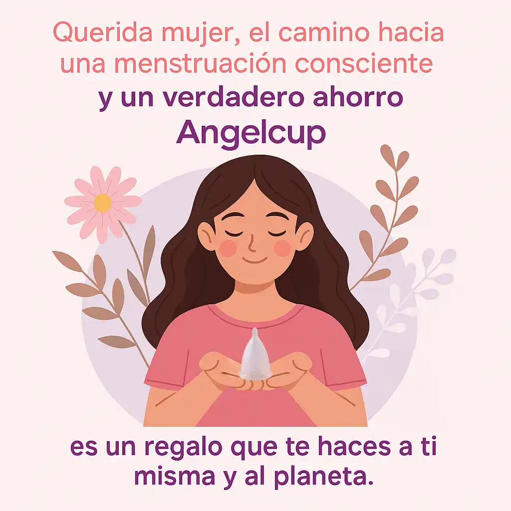 Ilustración de una mujer en paz, rodeada de naturaleza, que sostiene una copa menstrual Angelcup como un regalo. Simboliza el ahorro y el camino hacia una menstruación consciente y amorosa.