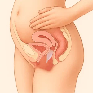 Ilustración anatómica que muestra cómo la copa menstrual Angelcup se coloca cómodamente en el canal vaginal para una protección segura.