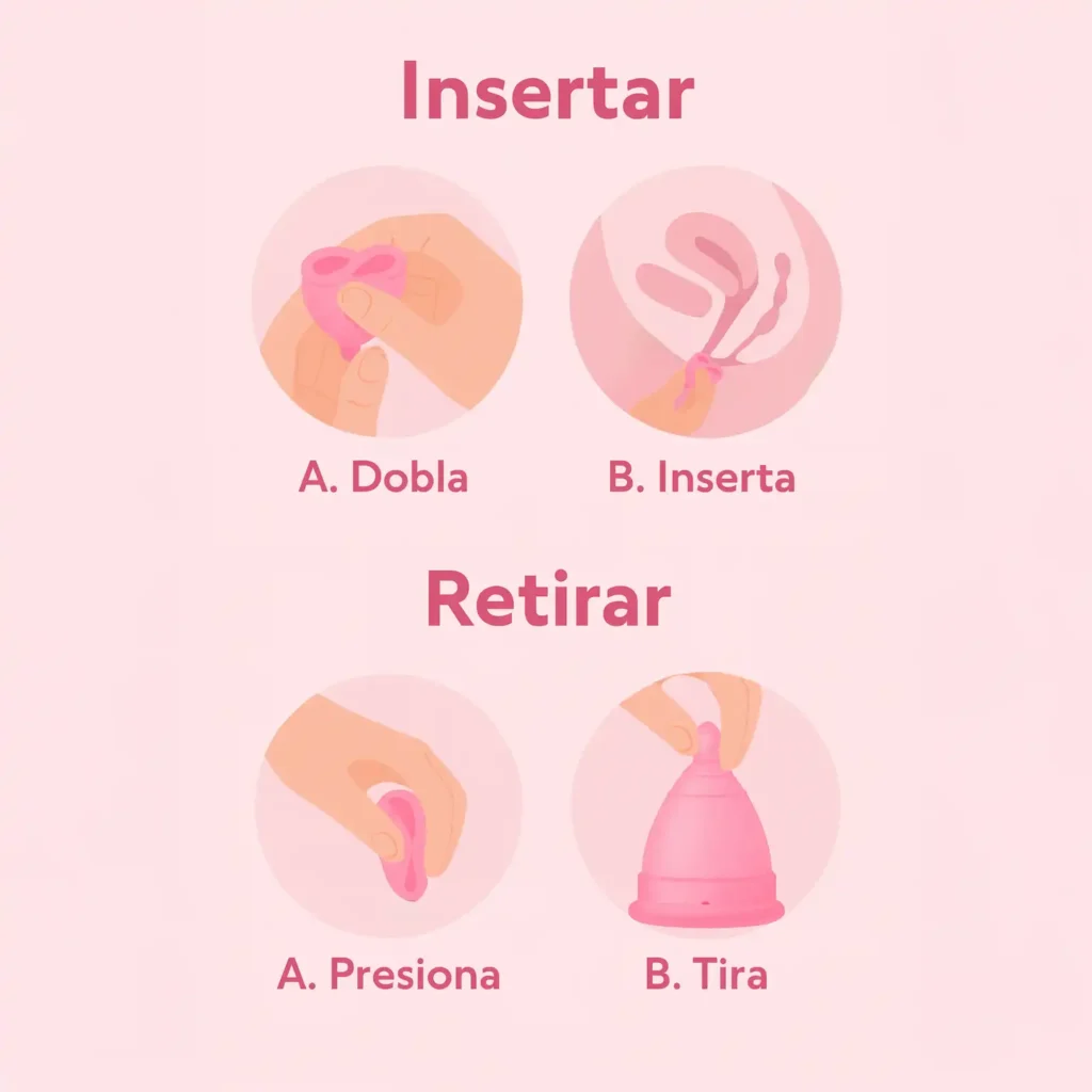 Diagrama paso a paso que muestra cómo doblar, insertar y retirar la copa menstrual Angelcup con confianza.