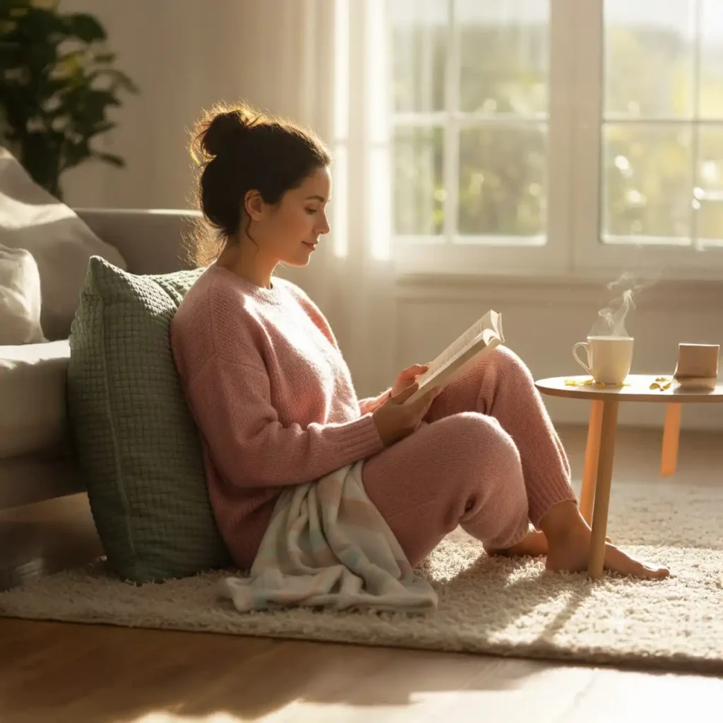 Mujer relajada en casa leyendo un libro, disfrutando de un periodo cómodo y consciente con Angelcup.