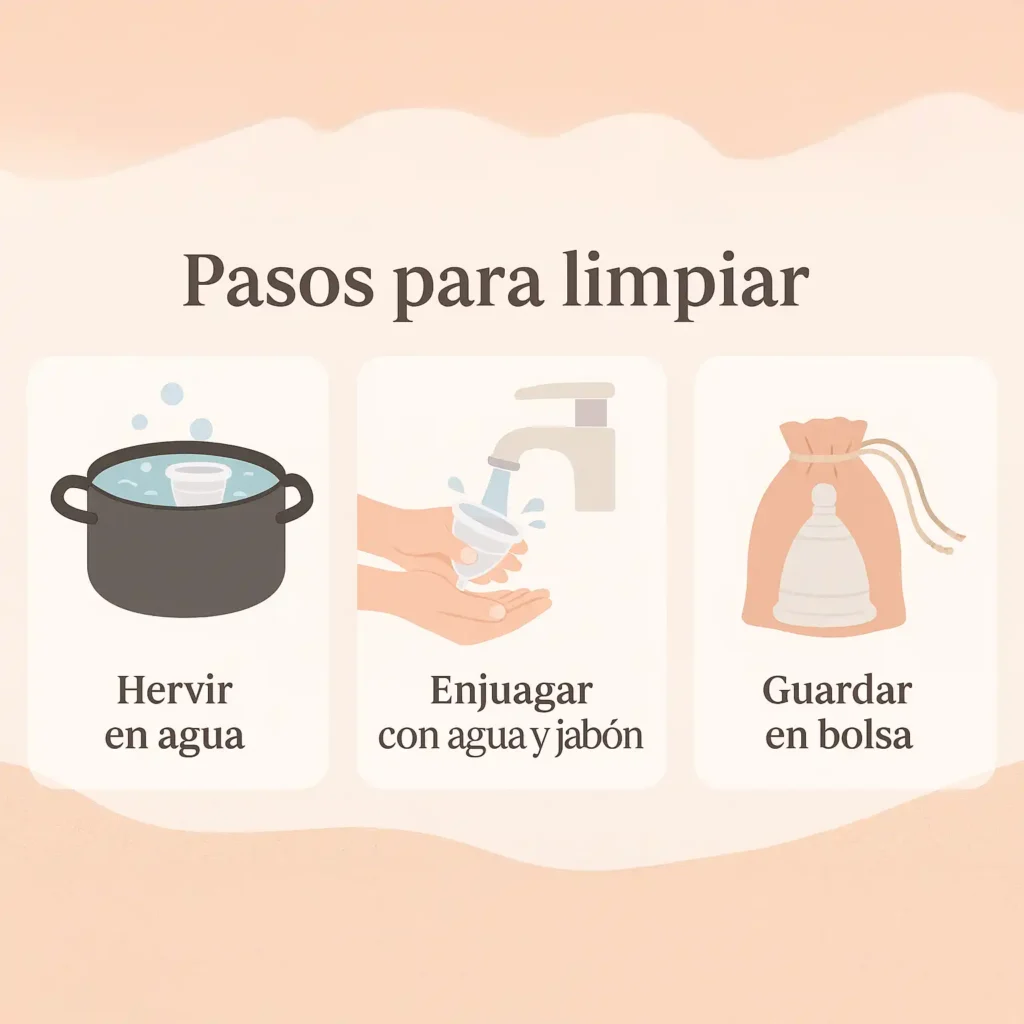 Secuencia de cuidados para tu copa menstrual: hirviéndola en una tacita de peltre Angelcup y guardándola en su bolsita de algodón.