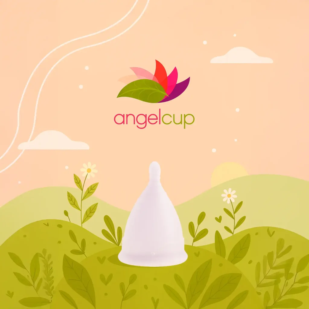 Composición visual con el logo de Angelcup rodeado de elementos que representan la sostenibilidad, la salud femenina y la comunidad de apoyo.