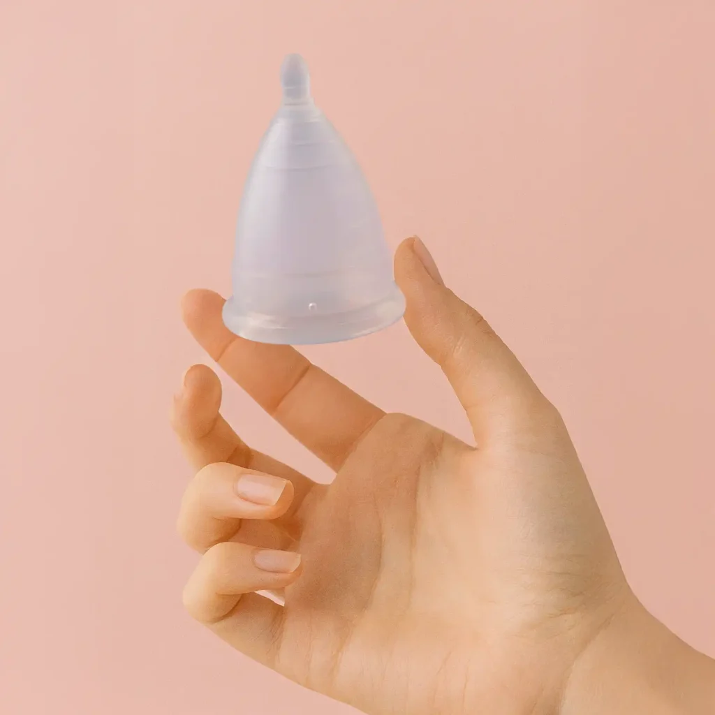 Mano de mujer sosteniendo con delicadeza una copa menstrual Angelcup transparente, una invitación al cuidado y a una menstruación más consciente.
