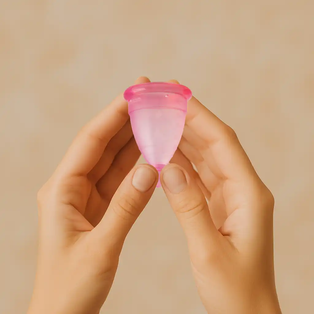 Manos de mujer sosteniendo una copa menstrual Angelcup, una respuesta a qué es una copa menstrual y un símbolo de un nuevo inicio consciente.