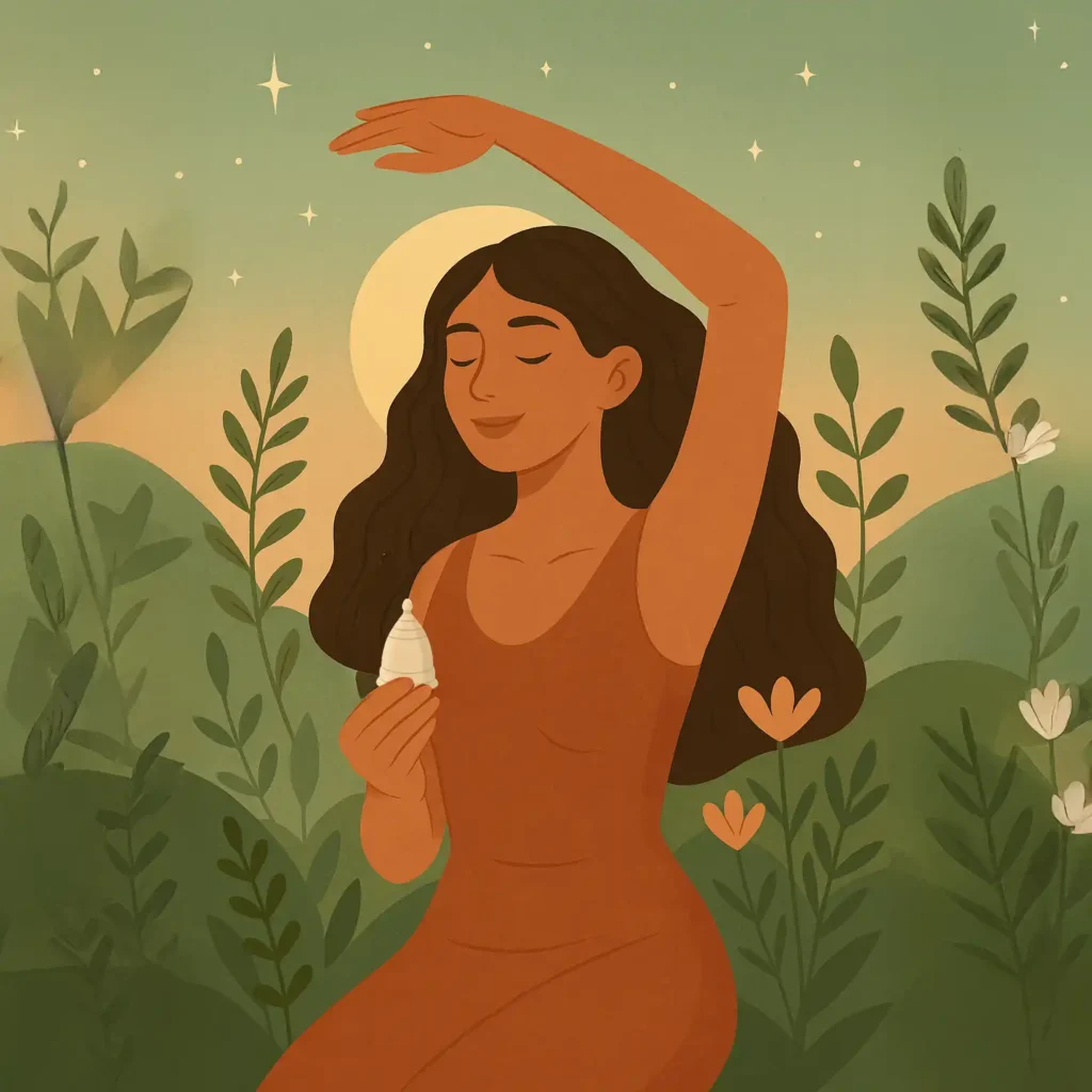 Mujer abrazando su ciclo en el bosque, el fin del viaje de la guía completa de la copa menstrual.