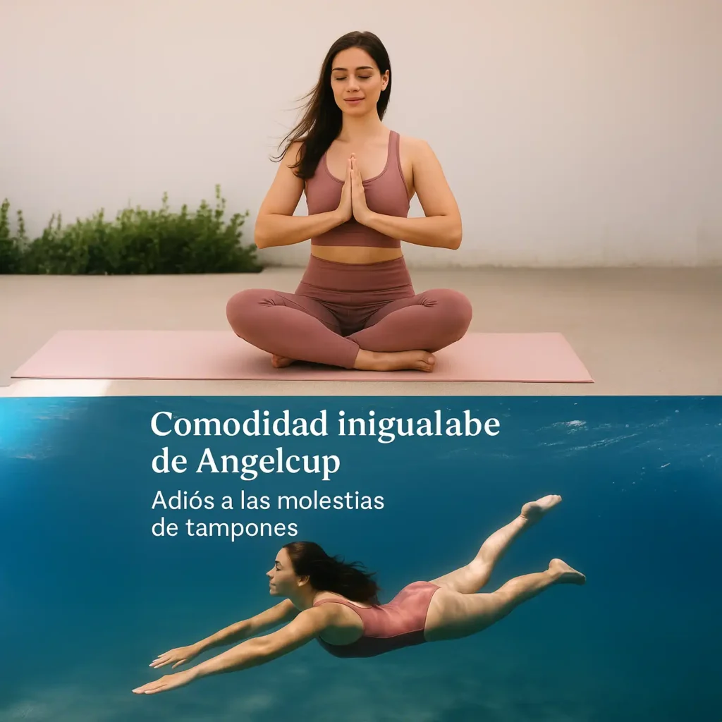 Mujer nadando felizmente en una alberca, demostrando las 12 horas de protección y comodidad inigualable que Angelcup ofrece.