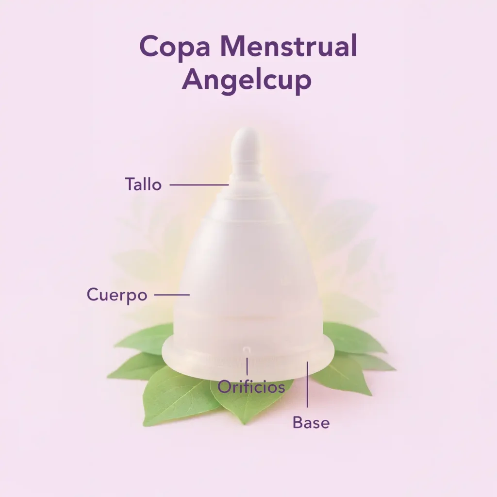 Copa menstrual con partes etiquetadas.