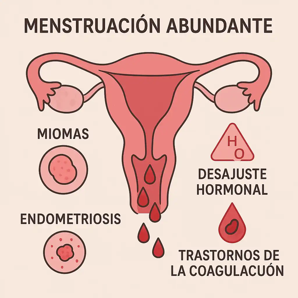 Elementos de bienestar que simbolizan las diversas causas de la menstruación abundante, desde lo hormonal hasta el autocuidado emocional y la nutrición.