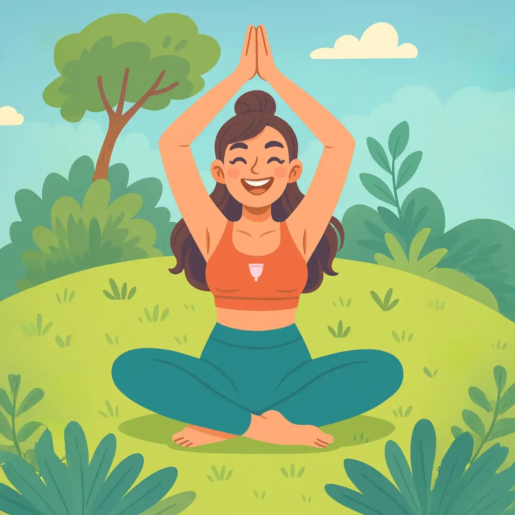 Mujer feliz practicando yoga al aire libre, disfrutando de la libertad de movimiento que le brinda su copa menstrual Angelcup.