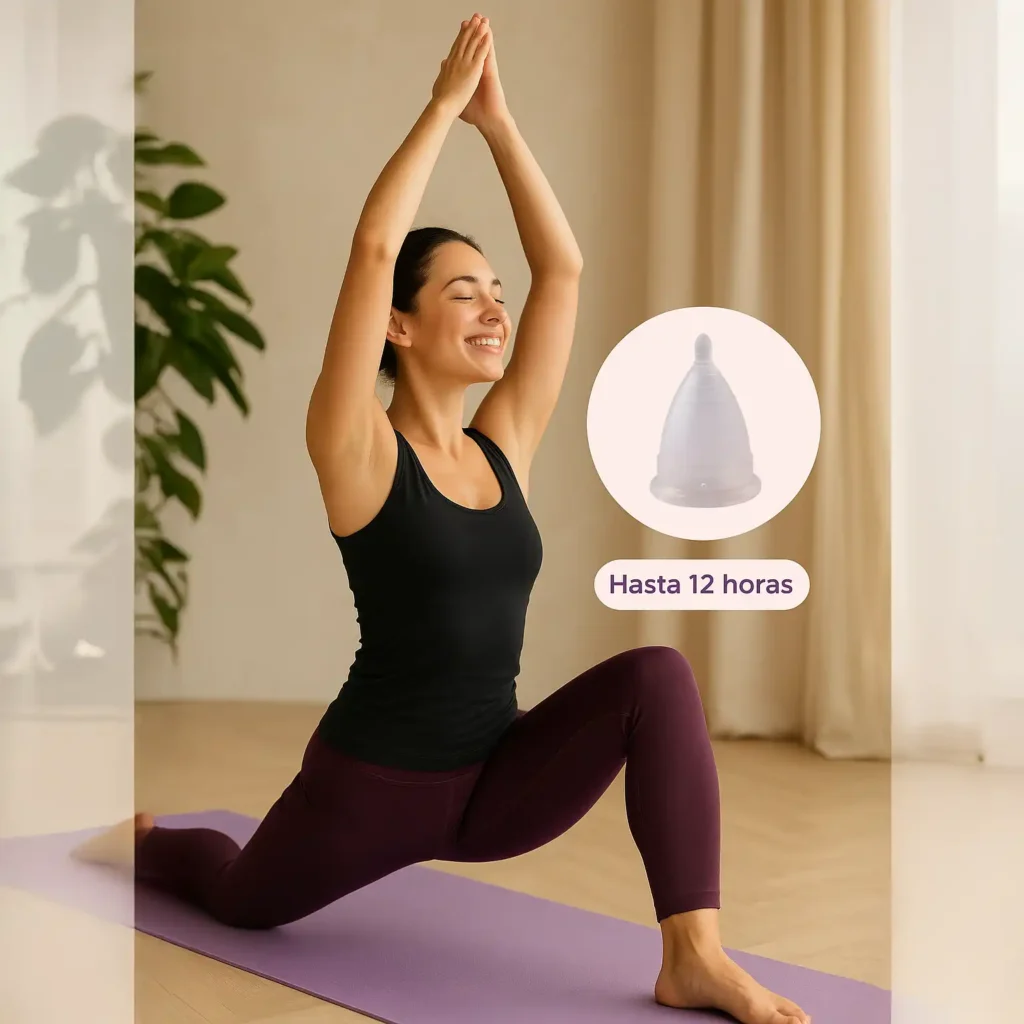 Mujer haciendo yoga en posición de estiramiento sobre un tapete lila, sonriendo y proyectando bienestar. A su lado, un ícono de la copa menstrual Angelcup con el texto “Hasta 12 horas”, simbolizando comodidad y libertad durante la menstruación.