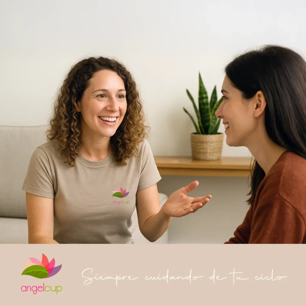 Embajadora Angelcup (con el logo en su playera) en una plática empática y sonriente con otra mujer, demostrando el acompañamiento y cuidado de la marca.