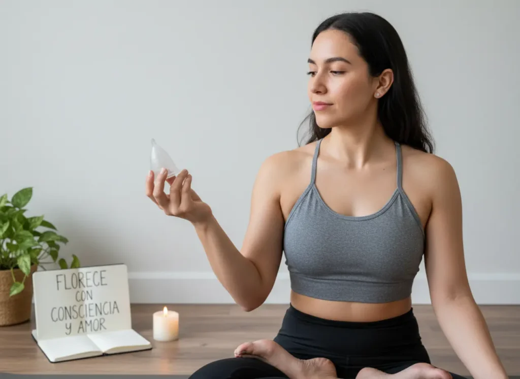 Mujer sentada en posición de meditación sosteniendo una copa menstrual Angelcup, mientras observa el producto con serenidad. A su lado hay una vela encendida, una planta y una libreta abierta con la frase “Florece con consciencia y amor”, creando un ambiente calmado y natural que transmite bienestar y autocuidado.