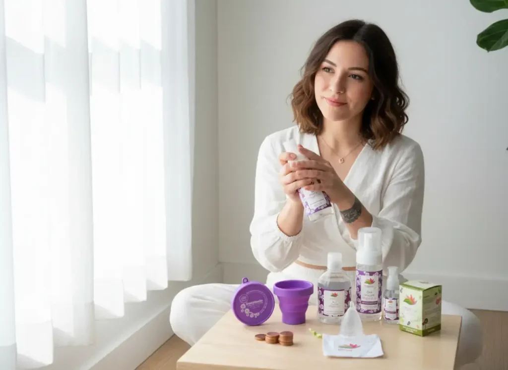 Mujer sentada junto a una ventana luminosa sosteniendo un frasco de limpiador Angelcup. Frente a ella hay una mesa con varios productos de la marca, incluyendo copas menstruales, estuche plegable, gel neutro y caja del producto. El entorno transmite calma, limpieza y bienestar, reflejando la filosofía de autocuidado y empoderamiento del programa de Embajadoras Angelcup.