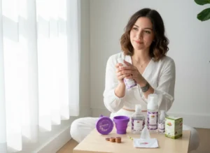 Mujer sentada junto a una ventana luminosa sosteniendo un frasco de limpiador Angelcup. Frente a ella hay una mesa con varios productos de la marca, incluyendo copas menstruales, estuche plegable, gel neutro y caja del producto. El entorno transmite calma, limpieza y bienestar, reflejando la filosofía de autocuidado y empoderamiento del programa de Embajadoras Angelcup.