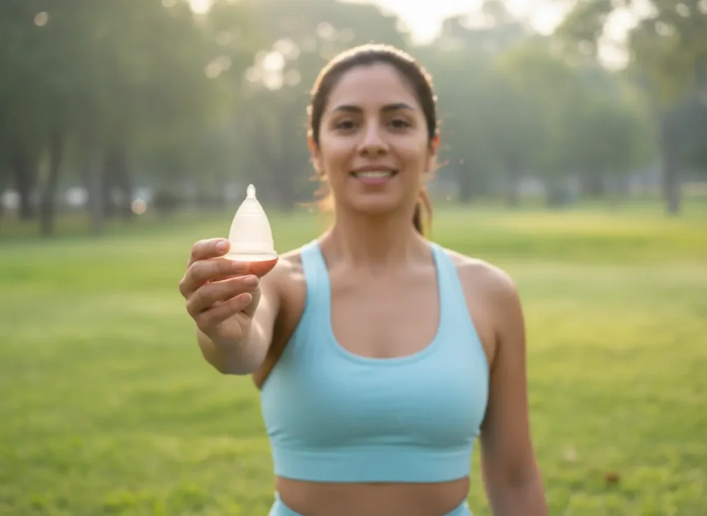 Mujer al aire libre en un entorno verde, sonriendo mientras sostiene una copa menstrual Angelcup con el brazo extendido. Viste ropa deportiva color azul claro y la luz del amanecer ilumina la escena, transmitiendo libertad, confianza y bienestar.