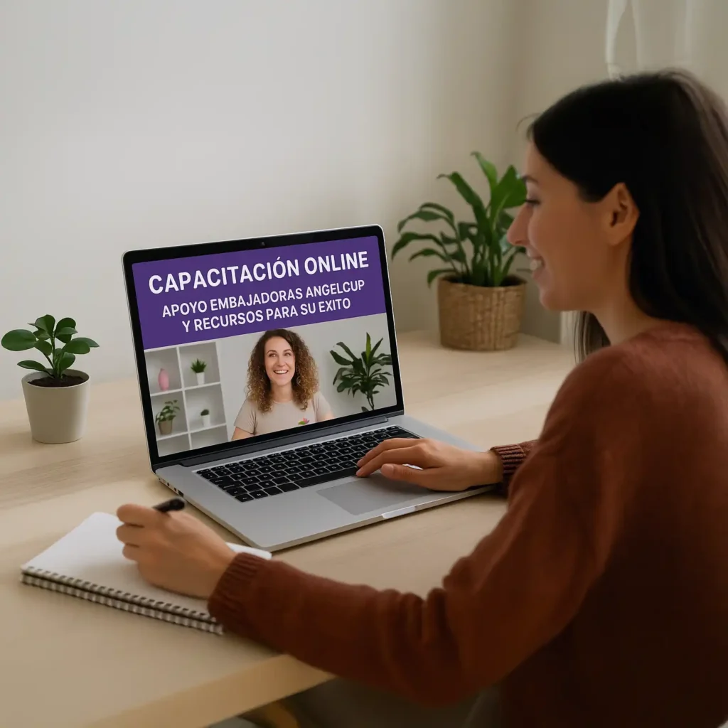 mbajadora Angelcup en una capacitación en línea, recibiendo apoyo y recursos en su laptop.