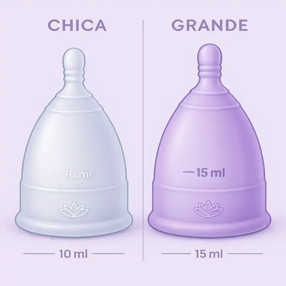 Imagen comparativa de las copas menstruales Angelcup en tallas chica y grande. La talla chica, color cristal, tiene capacidad de 10 ml, y la talla grande, color lila, de 15 ml. Ambas muestran su diseño anatómico y la flor grabada característica de la marca.