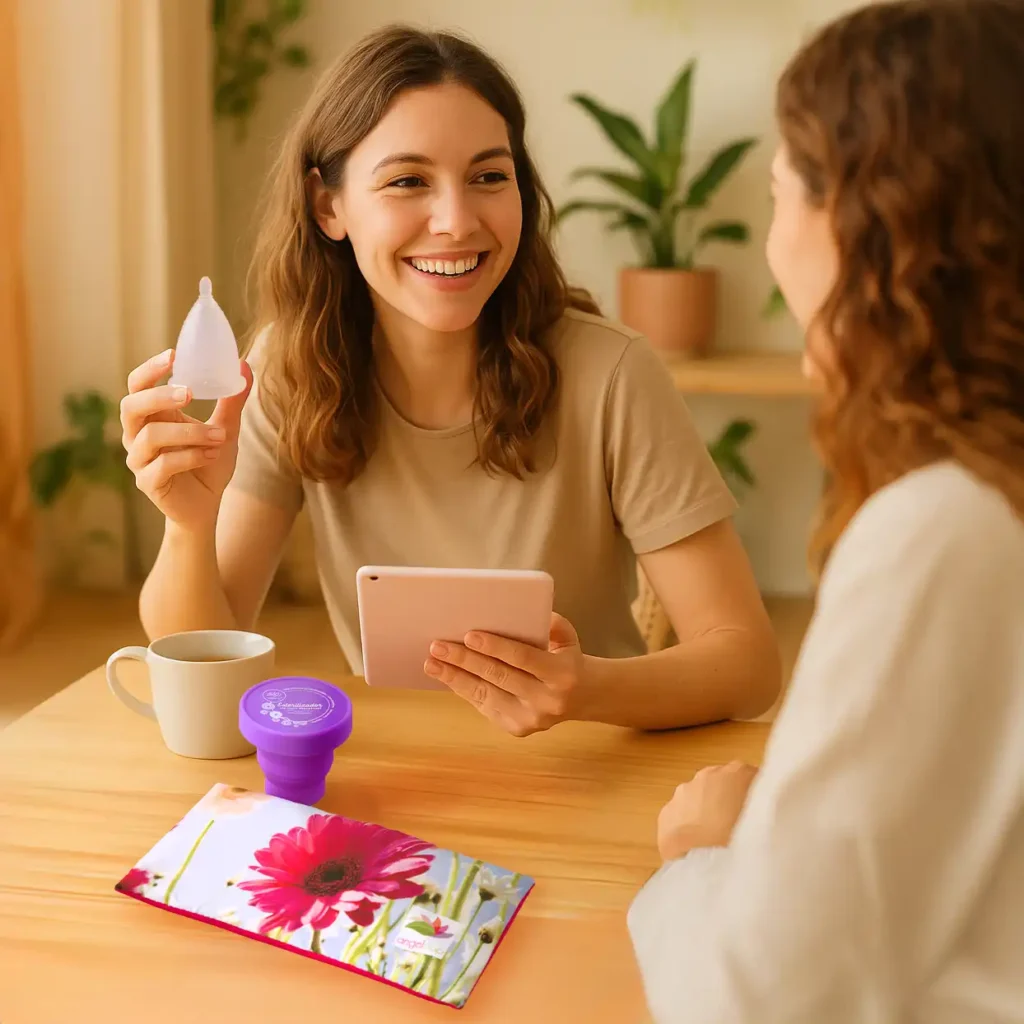 Embajadora Angelcup en un evento, usando materiales de marketing como un roll-up de Angelcup.
