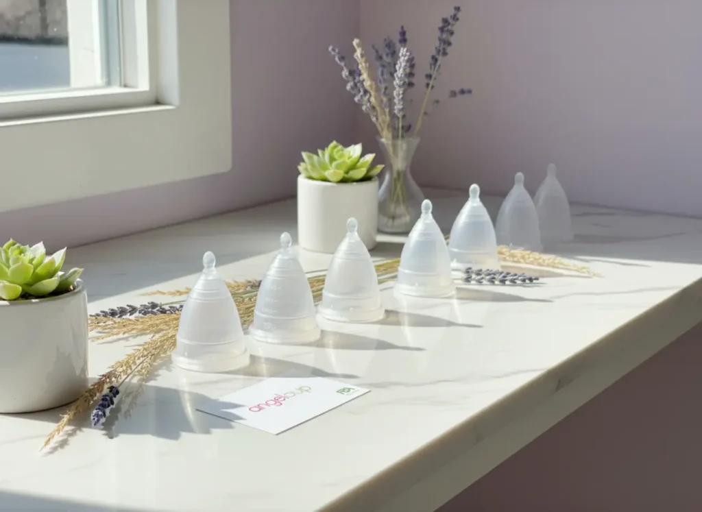 Varias copas menstruales Angelcup alineadas sobre una superficie iluminada, acompañadas de lavanda y una planta decorativa. La imagen representa la diversidad de tallas y la armonía de una menstruación consciente y natural.