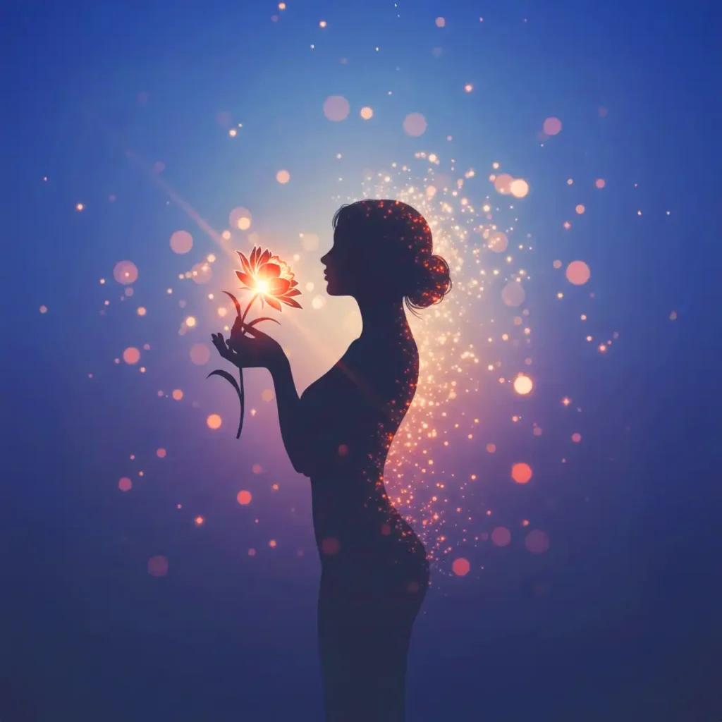 Silueta de una mujer sosteniendo una flor brillante que ilumina su rostro, simbolizando el autoconocimiento, el empoderamiento femenino y la conexión con su ciclo. Durabilidad de la copa menstrual Angelcup de silicón médico rosa flotando entre pétalos de flor.