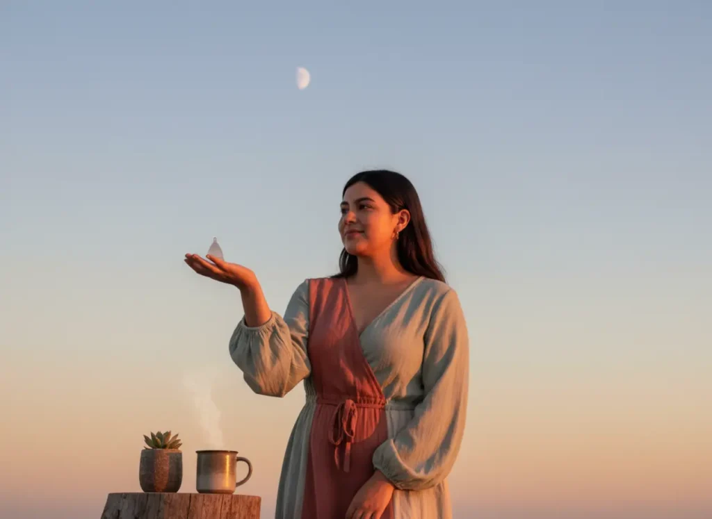 Mujer joven sosteniendo una copa menstrual Angelcup bajo el atardecer, con la luna visible en el cielo. A su lado hay una taza y una planta sobre una mesa de madera. La escena transmite calma, conexión natural y libertad menstrual.