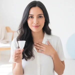 Mujer mexicana sonriente que irradia confianza, con una copa menstrual Angelcup., segura por sus certificaciones y regsitro ante la FDA Fondo luminoso y puro que evoca seguridad y bienestar.