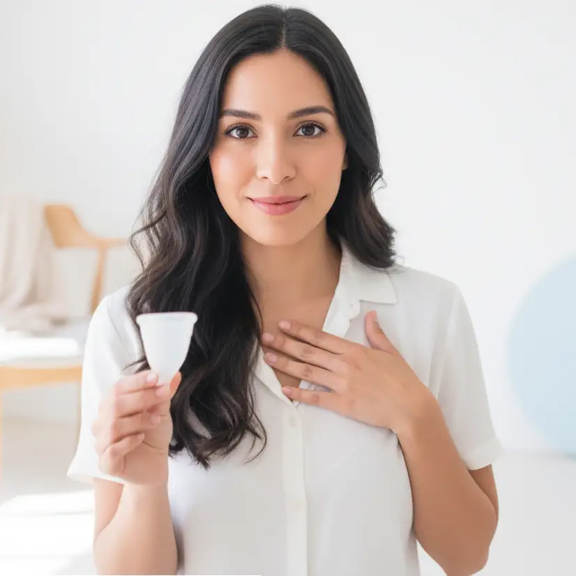 Mujer mexicana sonriente que irradia confianza, con una copa menstrual Angelcup., segura por sus certificaciones y registro ante la FDA Fondo luminoso y puro que evoca seguridad y bienestar.