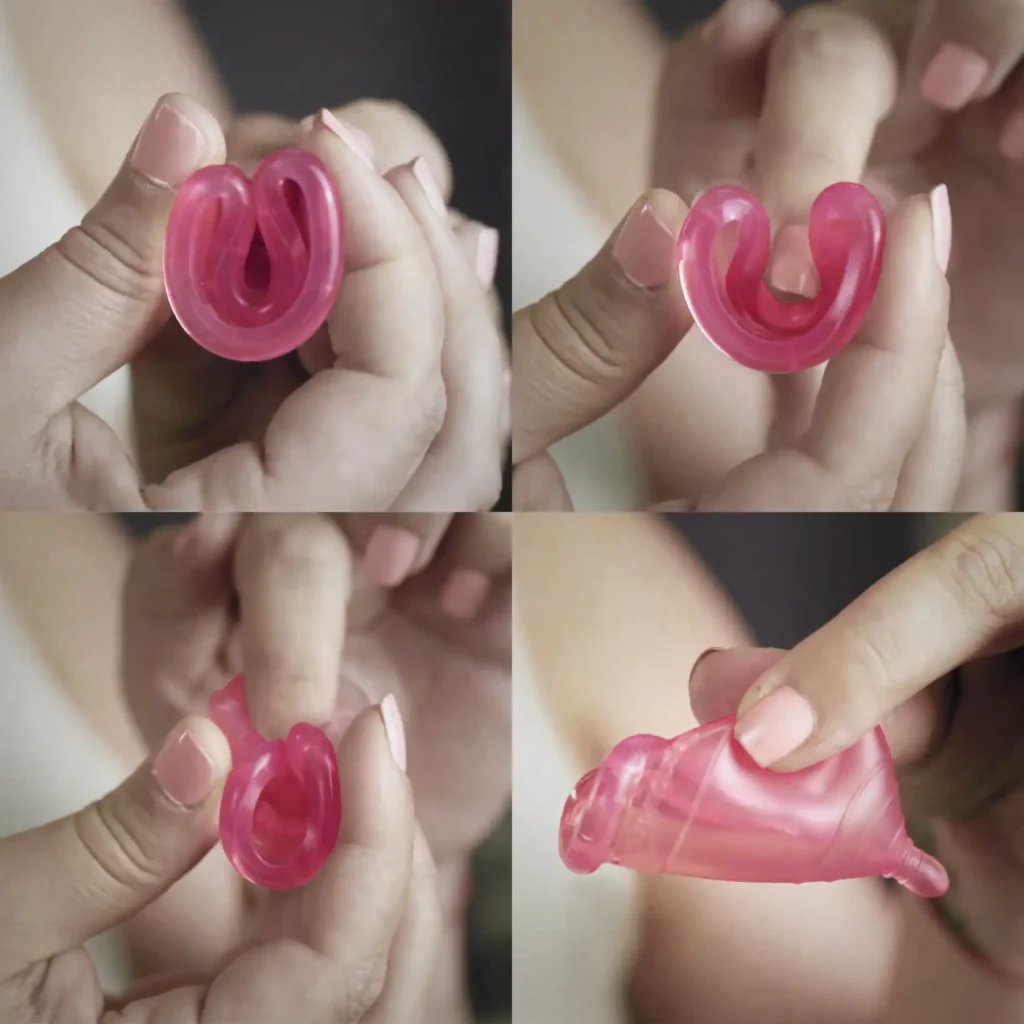 Secuencia de cuatro imágenes que muestran cómo doblar correctamente la copa menstrual Angelcup color rosa para su inserción. Se ilustran los pliegues tipo “C”, “U” y “punch down”, destacando su flexibilidad y suavidad de silicón médico.
