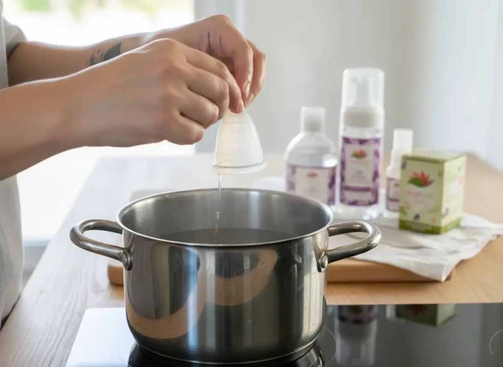 Persona esterilizando una copa menstrual Angelcup en una olla con agua hirviendo. Al fondo se observan productos de limpieza Angelcup como el gel neutro y el esterilizador, sobre una mesa de cocina iluminada.