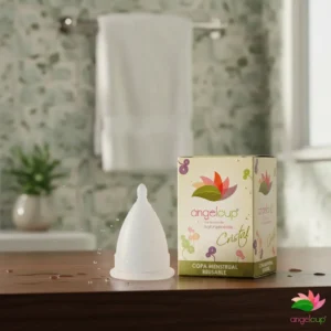 Copa menstrual Angelcup modelo Cristal colocada sobre una superficie de baño junto a su caja ecológica. La imagen muestra su diseño limpio, reutilizable y fabricado con silicona de grado médico.