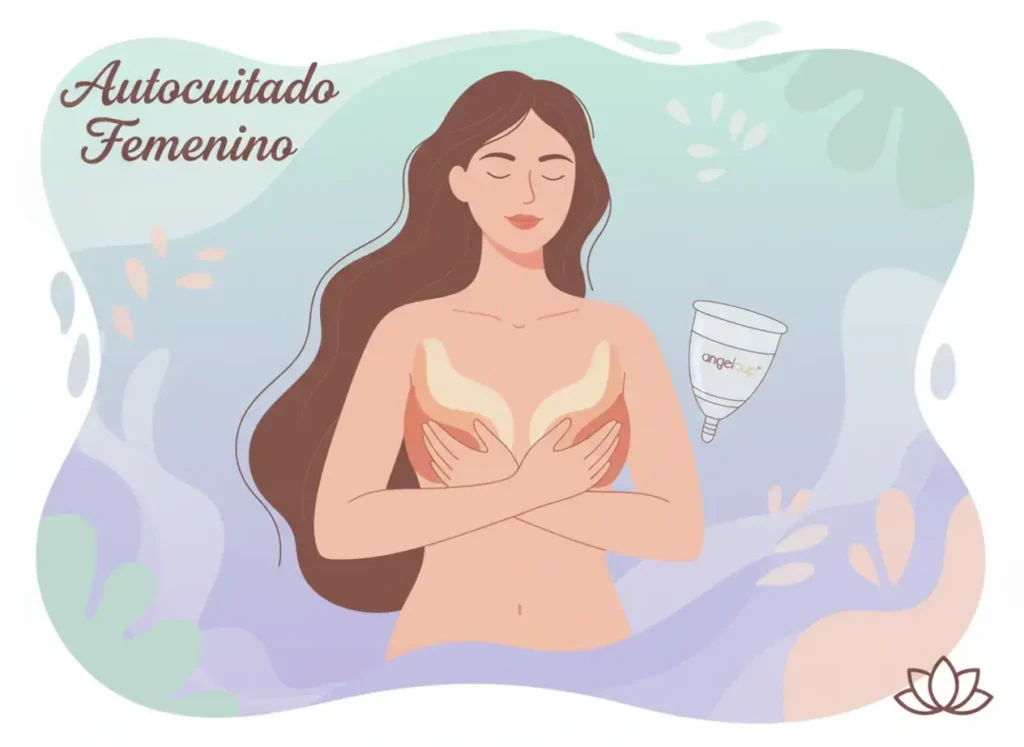 Ilustración de una mujer abrazando su pecho en gesto de autocuidado, rodeada de colores suaves y una copa menstrual Angelcup, representando bienestar femenino y autoaceptación.