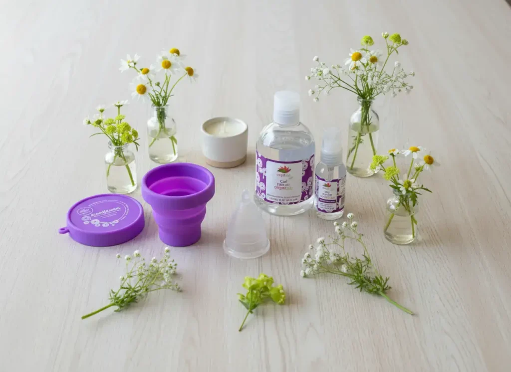 Flat lay de productos Angelcup: copa menstrual de silicón médico, vaso esterilizador morado y gel limpiador íntimo orgánico rodeados de flores naturales sobre una mesa clara, transmitiendo autocuidado, bienestar menstrual y estilo ecológico.