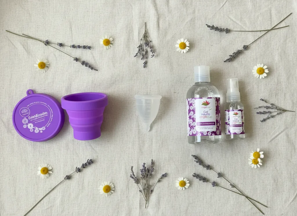 Flat lay con los productos Angelcup: copa menstrual, gel neutro y vaso esterilizador, rodeados de flores secas y elementos naturales sobre una tela clara. Representa bienestar, autocuidado y armonía con el cuerpo y el planeta.