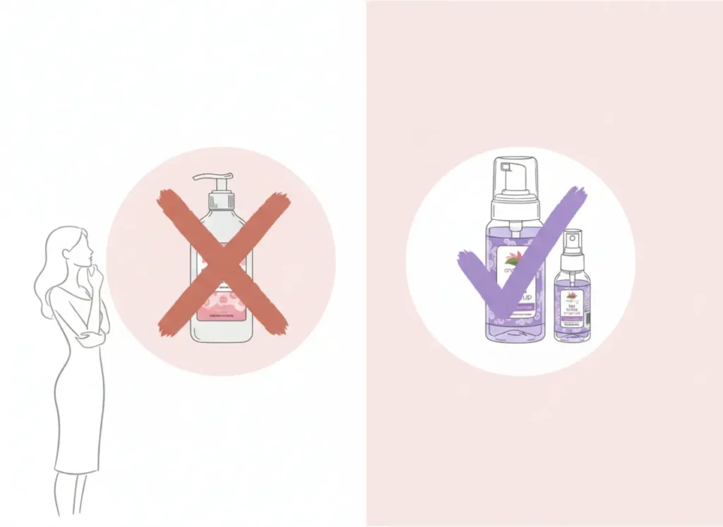 Ilustración comparativa que muestra los productos incorrectos marcados con una X y los productos Angelcup recomendados con una paloma de aprobación. Representa los errores comunes al limpiar la copa menstrual y cómo evitarlos con los productos adecuados.