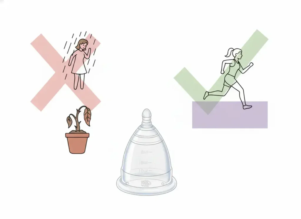 Ilustración minimalista que muestra mitos y verdades de la menstruación: a la izquierda, íconos tachados de ideas falsas como no bañarse o tocar plantas; a la derecha, una figura corriendo con un visto bueno que representa libertad y actividad normal durante el periodo. Al centro, una Copa Menstrual Angelcup como alternativa saludable, ecológica y confiable.