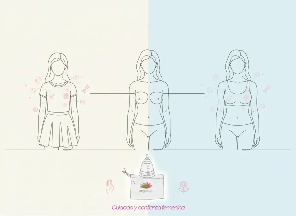 Ilustración del desarrollo de los senos en distintas etapas con la copa menstrual Angelcup, promoviendo autocuidado y educación íntima femenina.