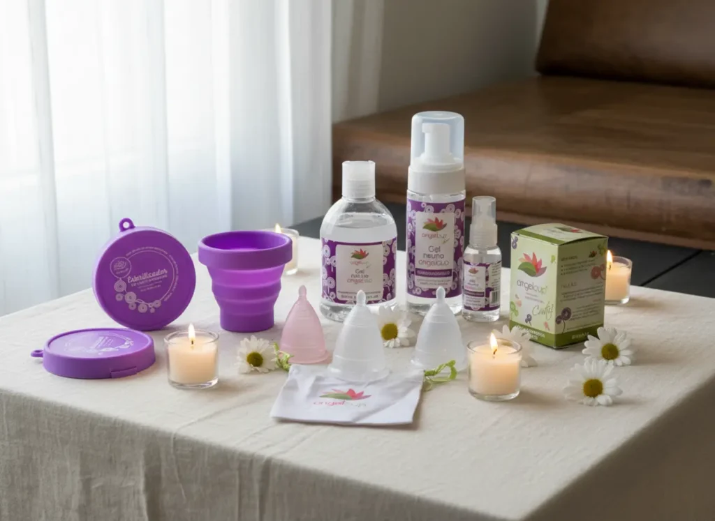 Kit completo de productos Angelcup sobre una mesa con velas y flores, incluyendo copas menstruales, gel neutro y vaso esterilizador. La escena evoca bienestar, cuidado íntimo y armonía menstrual.
