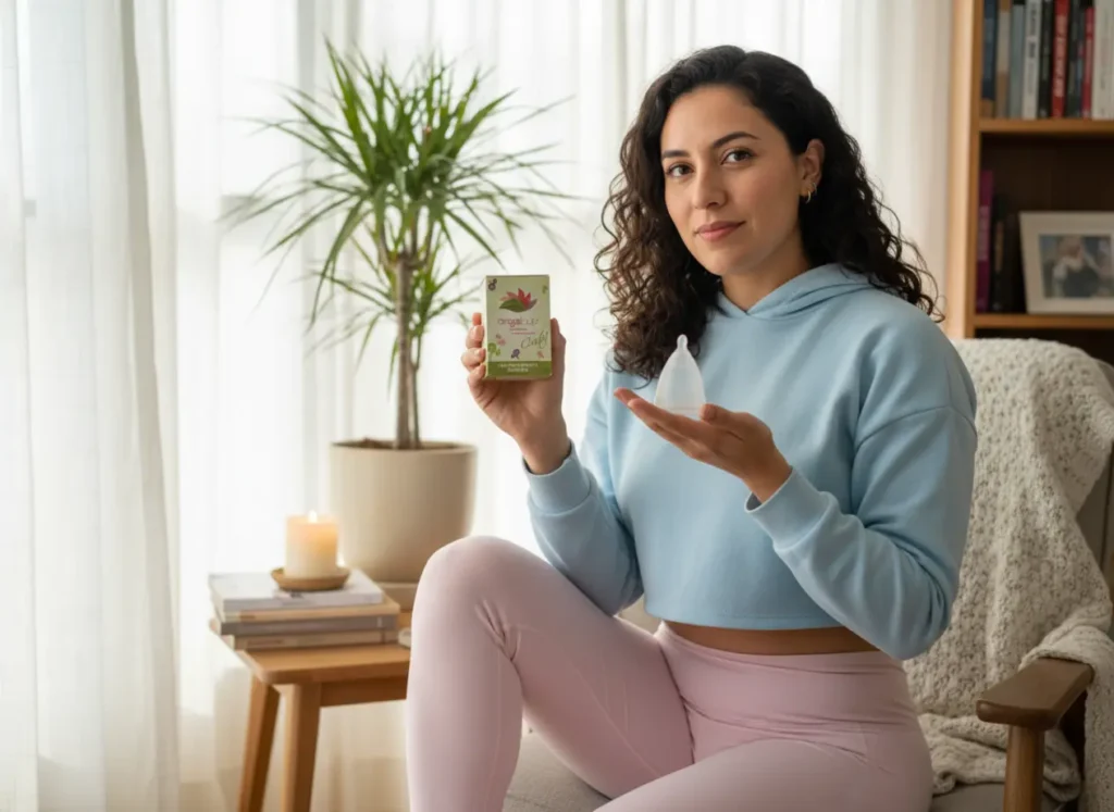 Mujer sentada en un ambiente acogedor sosteniendo una copa menstrual Angelcup y su caja. La escena transmite bienestar, confianza y naturalidad en el uso de la copa menstrual reutilizable.