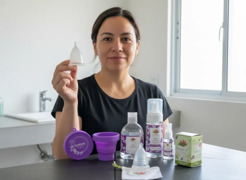 Mujer sonriendo mientras sostiene una copa menstrual Angelcup, acompañada de productos de limpieza y esterilización Angelcup sobre una mesa. La imagen transmite higiene, confianza y bienestar menstrual.