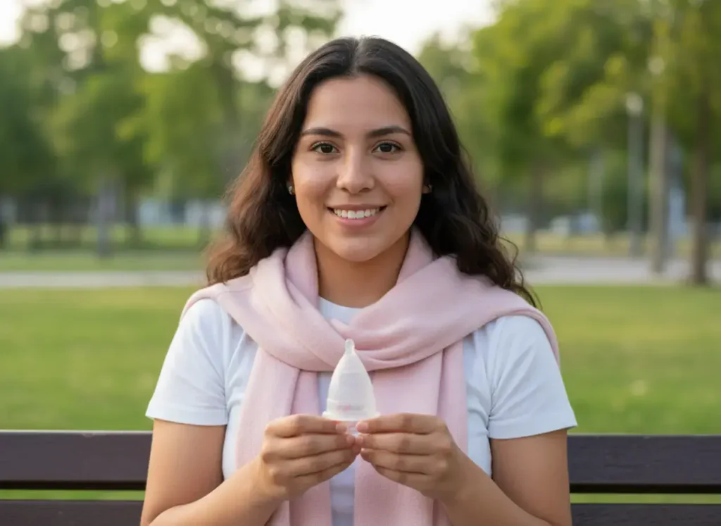 Mujer joven sentada en un parque, sonriendo mientras sostiene una Copa Menstrual Angelcup, representando la desmitificación de los mitos de la menstruación, el empoderamiento femenino y la elección de una alternativa saludable y sostenible para el cuidado íntimo.