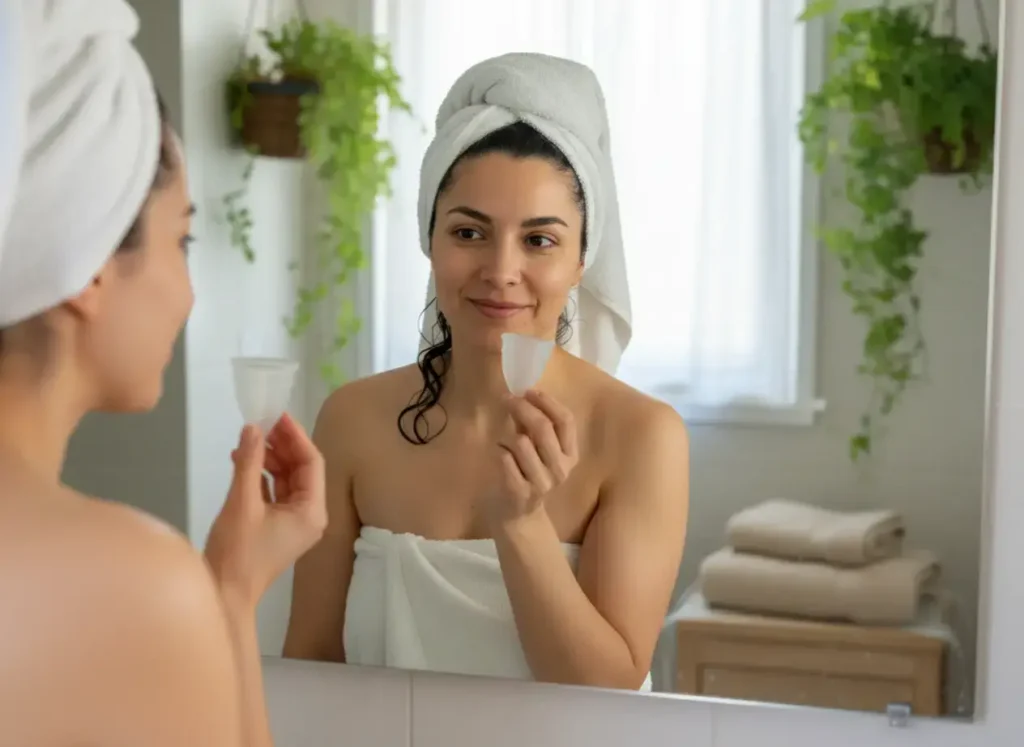 Mujer latina en el baño, envuelta en toalla y observando una copa menstrual Angelcup frente al espejo, representando autocuidado íntimo y exploración femenina consciente.