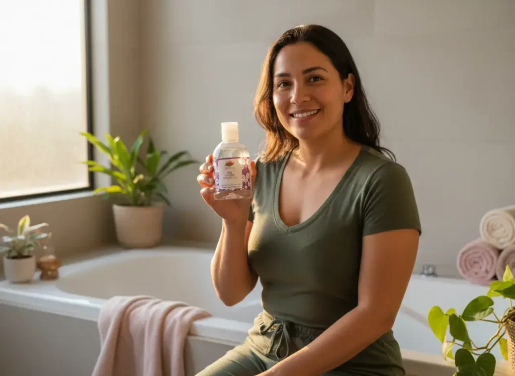Mujer latina en baño luminoso sosteniendo gel íntimo Angelcup, rodeada de plantas y ambiente relajante, mostrando productos para cuidado menstrual y limpieza de copa menstrual.
