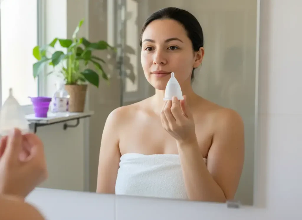 Mujer joven observando una copa menstrual Angelcup frente al espejo, conectando con su cuerpo en un momento de autocuidado íntimo.