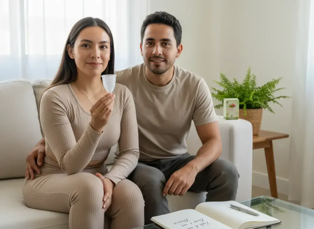 Mujer latina sentada en un sillón junto a su pareja, mostrando una copa menstrual Angelcup con actitud tranquila, en un ambiente hogareño y luminoso, destacando salud íntima y bienestar femenino.