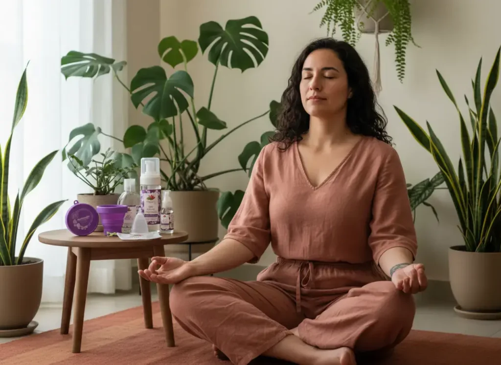 Mujer latina meditando en casa rodeada de plantas, sentada en postura de bienestar junto a una mesa con productos Angelcup —copa menstrual de silicona médica, gel íntimo y esterilizador— representando autocuidado, menstruación consciente y mitos desmentidos sobre el ciclo menstrual.
