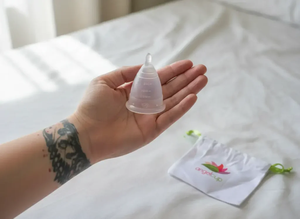 Mano sosteniendo una copa menstrual Angelcup de silicón médico sobre una cama blanca, junto a su bolsa de algodón con el logo de la marca. La imagen refleja pureza, seguridad y cuidado íntimo.