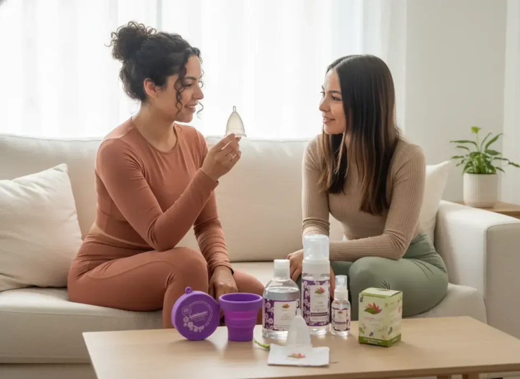 Mujeres conversando en un sofá sobre la copa menstrual Angelcup, con kit de limpieza y esterilización sobre la mesa; escena natural que representa autocuidado, sororidad y educación menstrual.