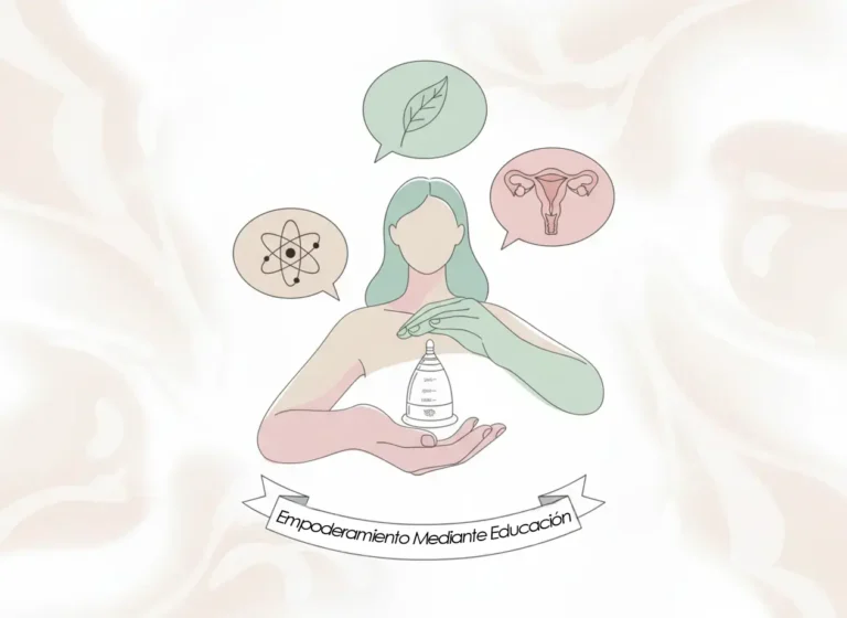 Ilustración de una mujer sosteniendo una copa menstrual Angelcup con íconos de ciencia, naturaleza y salud reproductiva alrededor, acompañada del mensaje “Empoderamiento Mediante Educación”. Imagen que representa la educación menstrual, el autocuidado y la menstruación consciente.